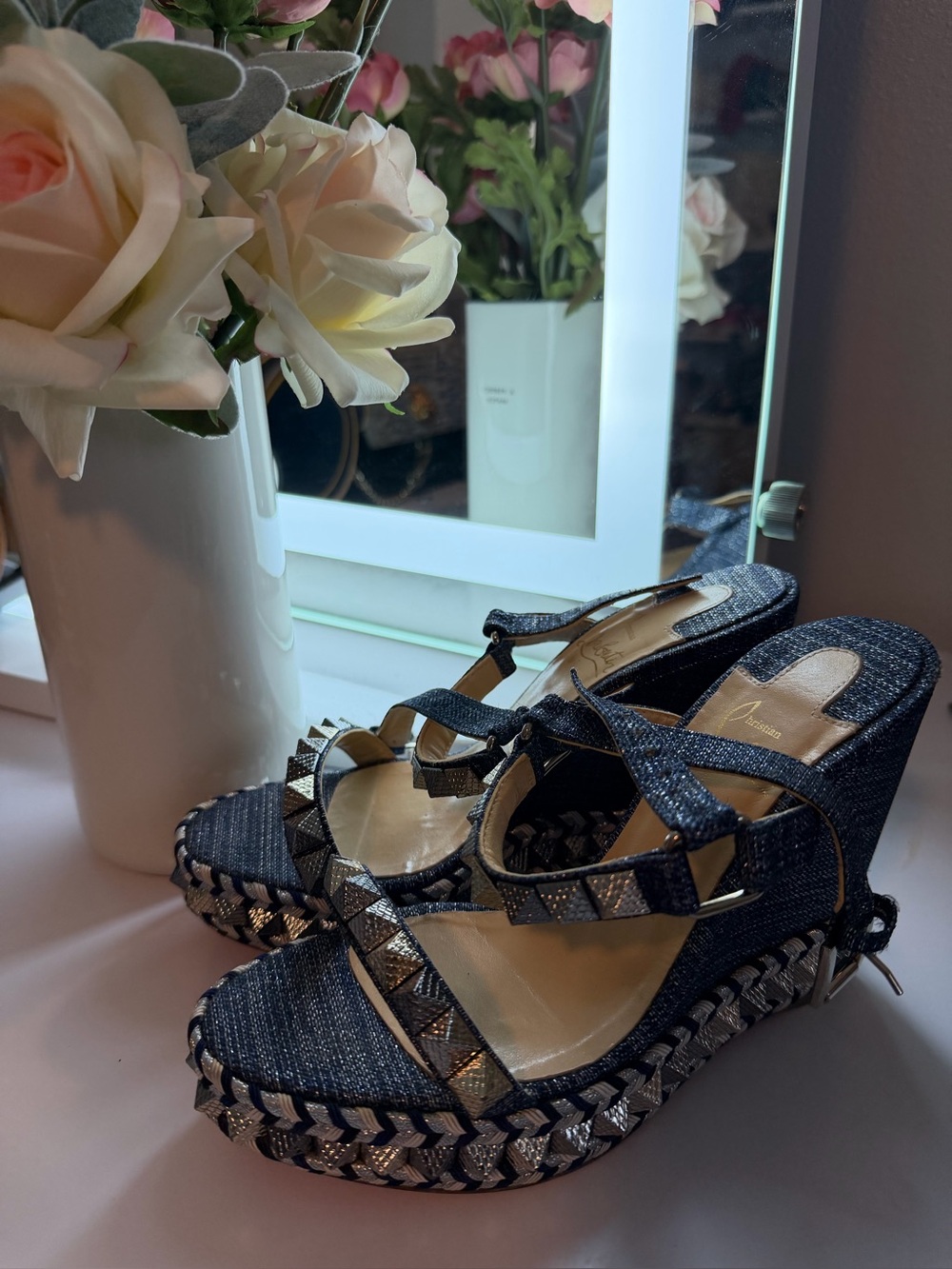 Christian Louboutin Navy Denim and Silver Stud Wedge Sandals
